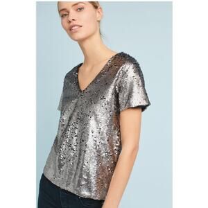 Anthropologie Vanessa Virginia Metallic Silver Sequin Top S